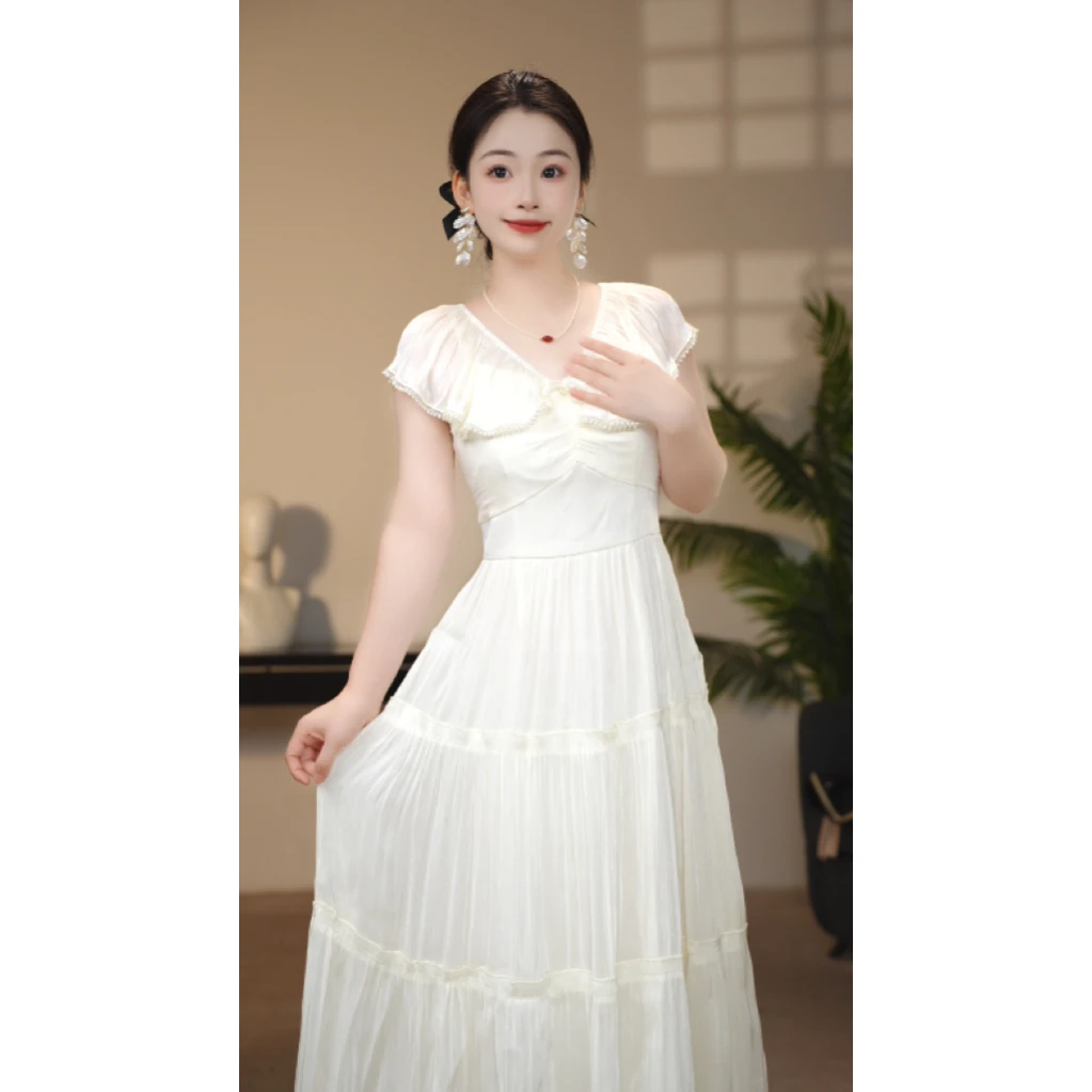 夏季新款赫本风收腰约会双v领两穿吊带连衣裙410013-2