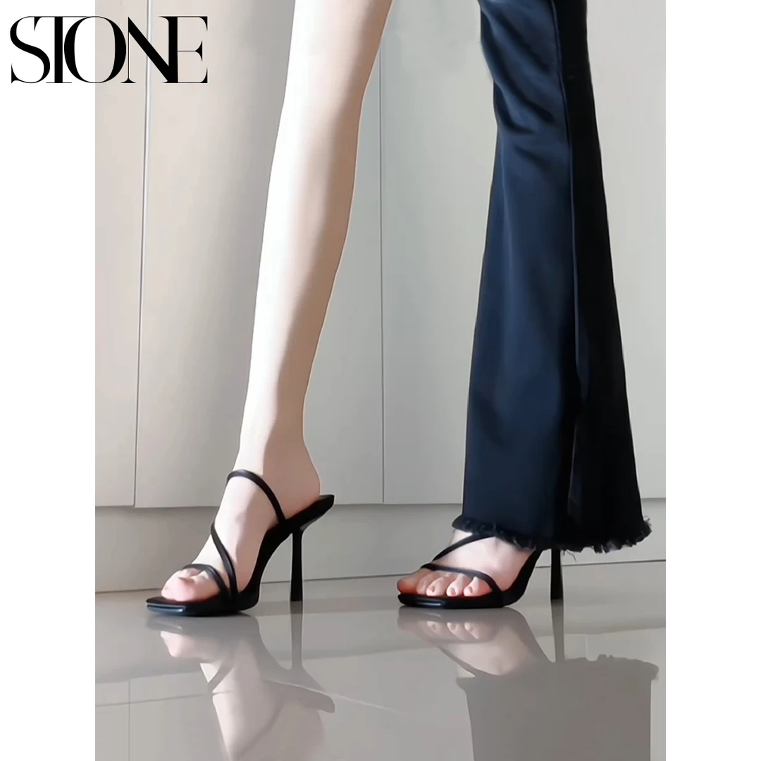 石头家2025新款凉拖鞋女夏季外穿黑色绝美凉鞋气质方头细跟高跟鞋