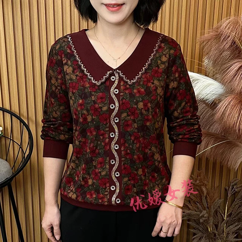 中老年女装秋季时尚烫钻娃娃领花色宽松显瘦洋气妈妈装长袖上衣