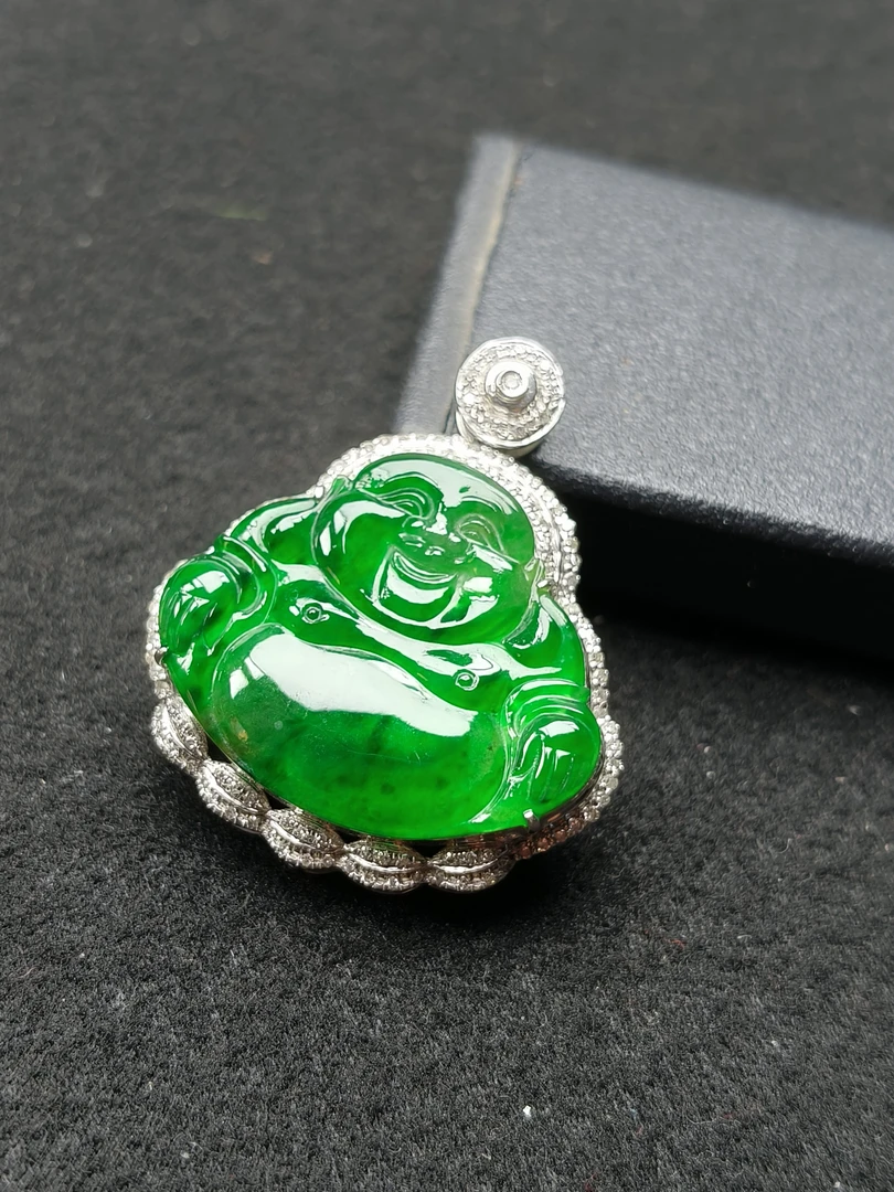 冰种阳绿翡翠金镶佛公（薄料）气质时尚女士满绿绿色冰绿精美