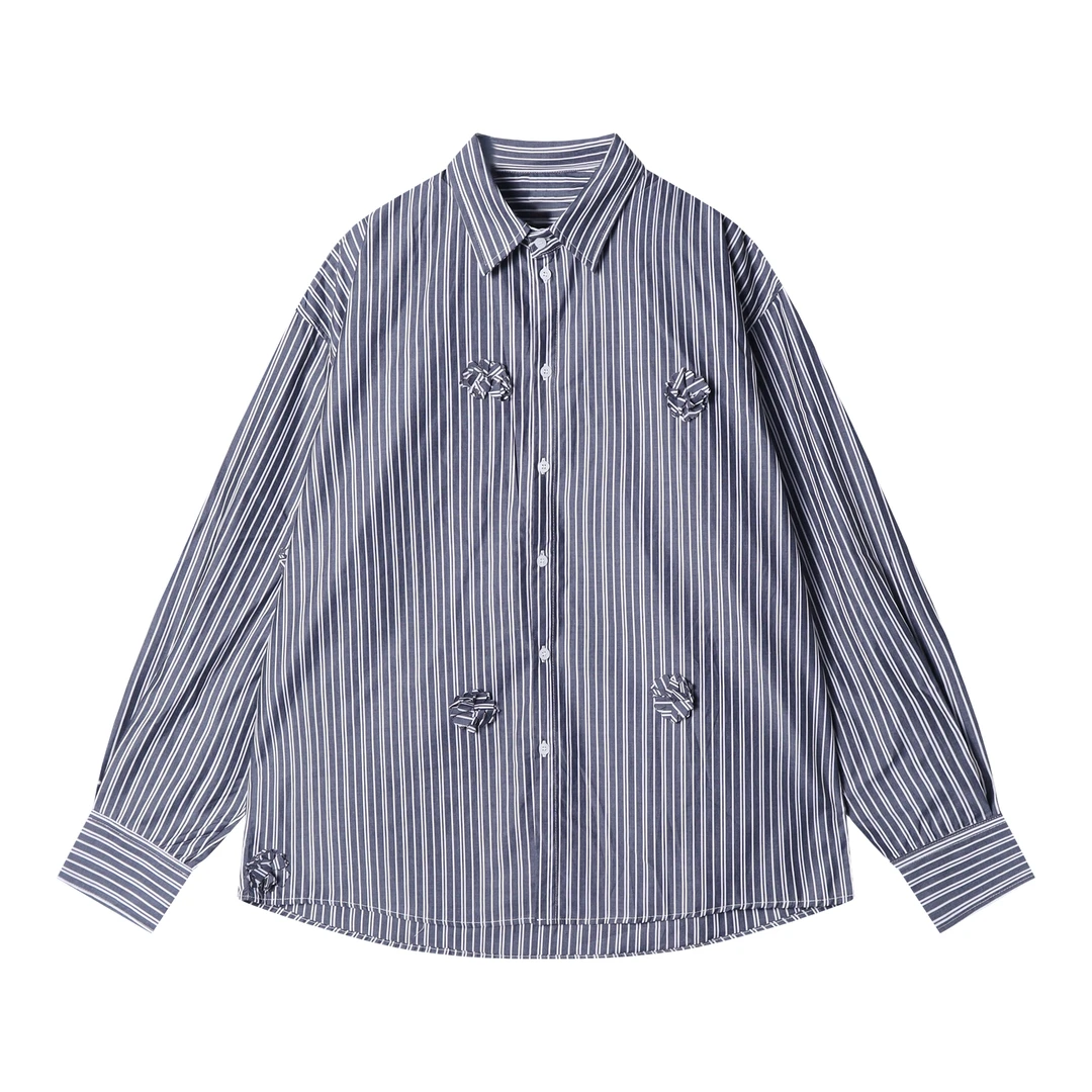 早春新款时尚个性港风设计复古条纹宽松休闲长袖衬衫百搭上衣