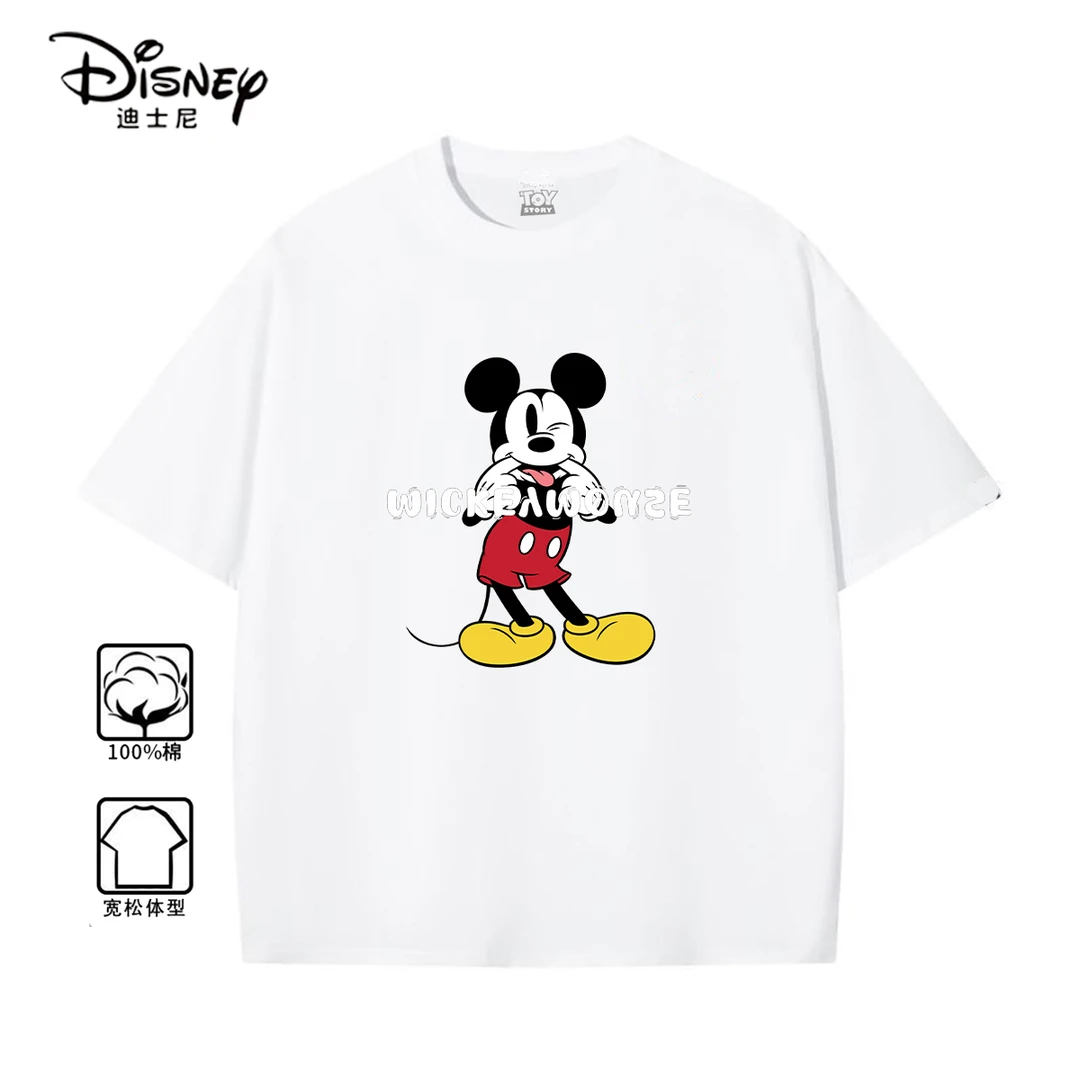 Disney/迪士尼白色米奇纯棉短袖T恤夏季小众圆领卡通上衣