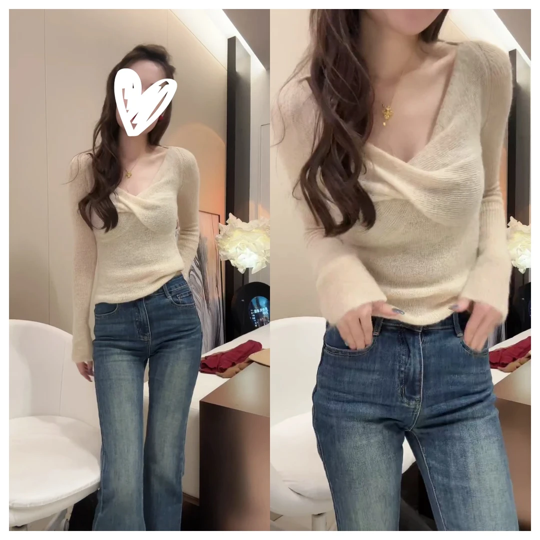 秋冬设计感交叉V领打底针织衫女洋气别致毛衣C6437