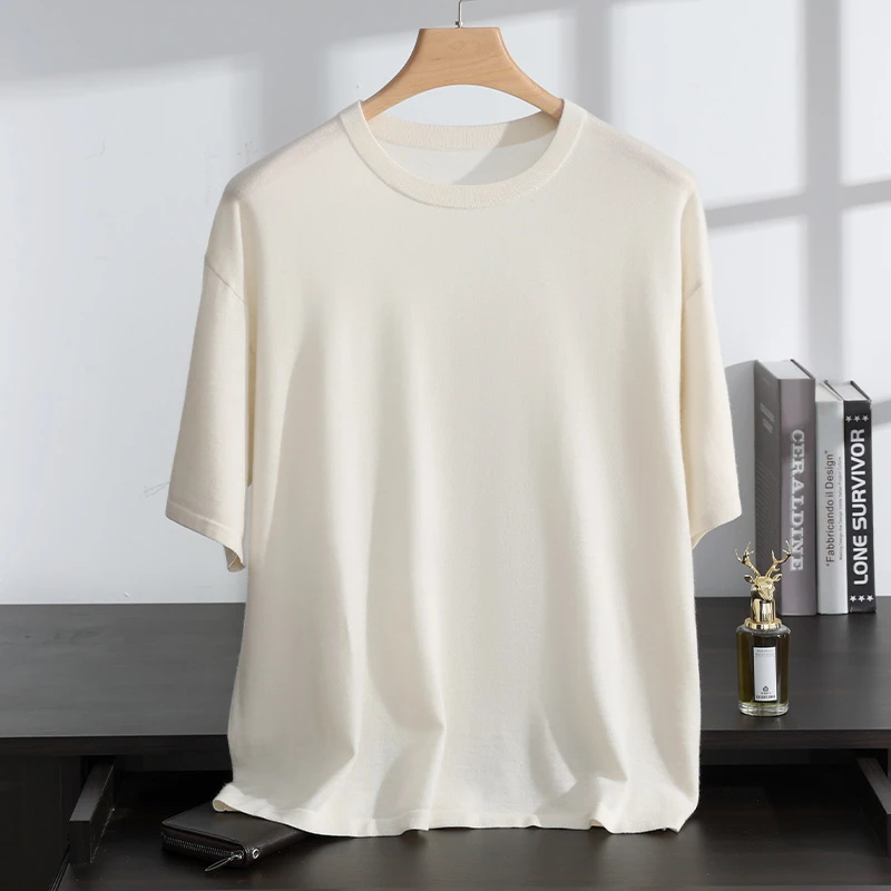 男装短袖落半袖肩圆领纯色T恤夏季100%精纺山羊绒时尚百搭休闲