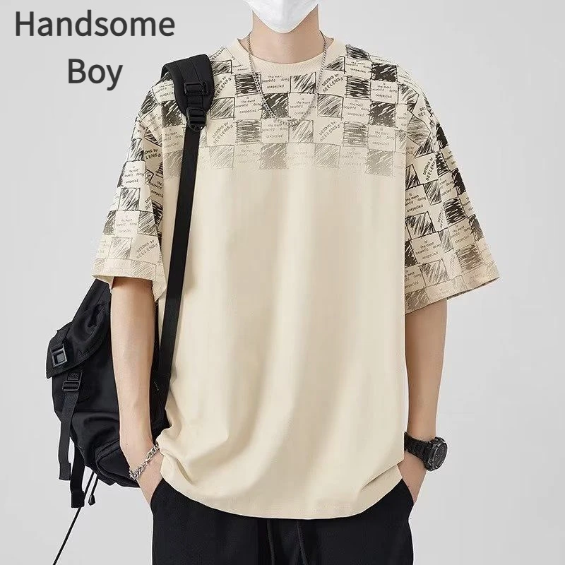 秋季男士半袖宽松潮流ins印花大码休闲百搭薄款痞帅t恤男装日系潮