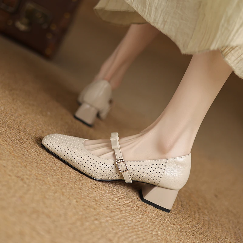 超软羊皮/4cm 圆头粗跟真皮单鞋女 镂空透气包头洞洞凉鞋玛丽珍鞋