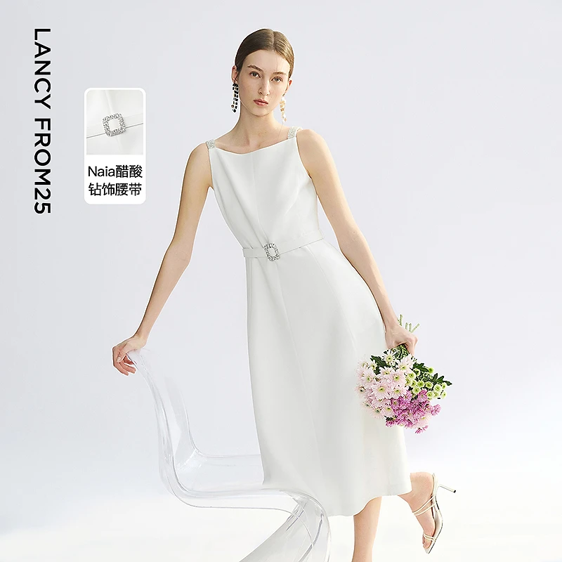 【焦点系列】朗姿醋酸吊带裙子2025夏季新款一字领收腰气质欧若风