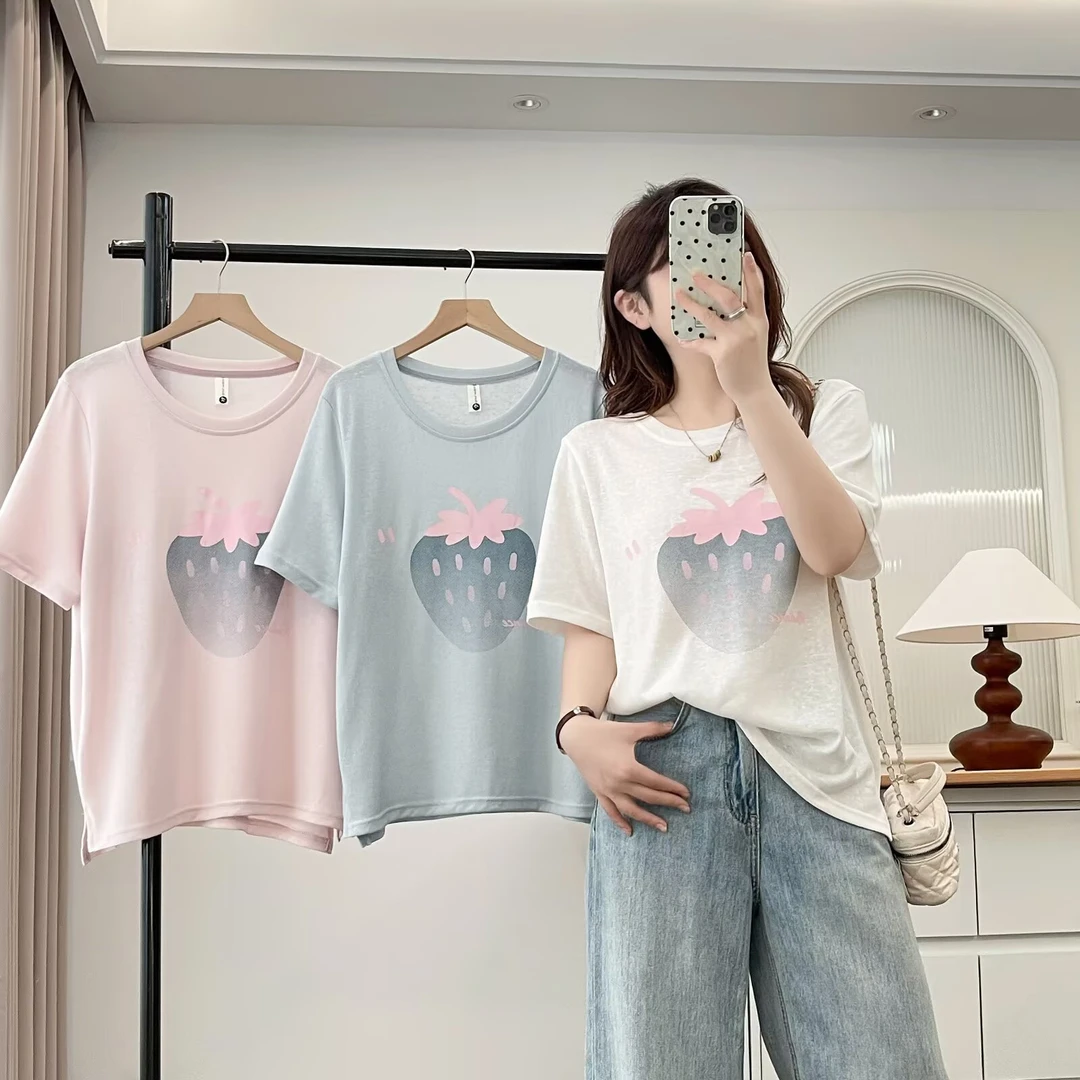 YueBeiLa/月贝拉大码夏装新款圆领草莓印花宽松短袖T恤休闲半袖女