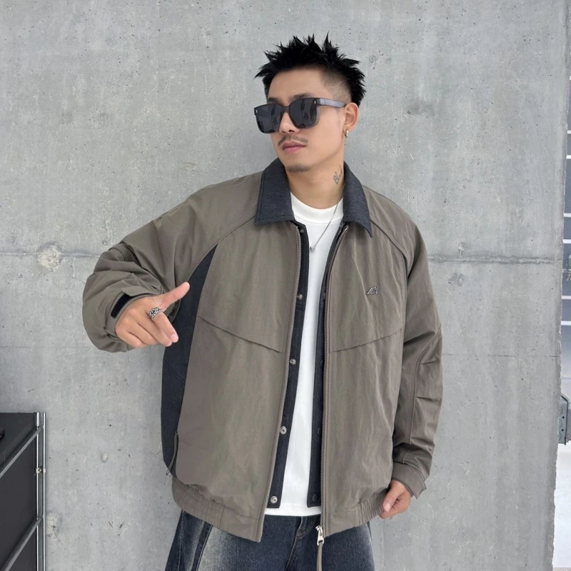 加厚假两件羽绒服外套男款秋冬2025新款潮牌拼色休闲男士工装夹克