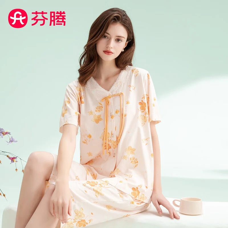 芬腾睡衣女士【100%纯棉】2025年夏季花卉浪漫外穿国风家居服套装