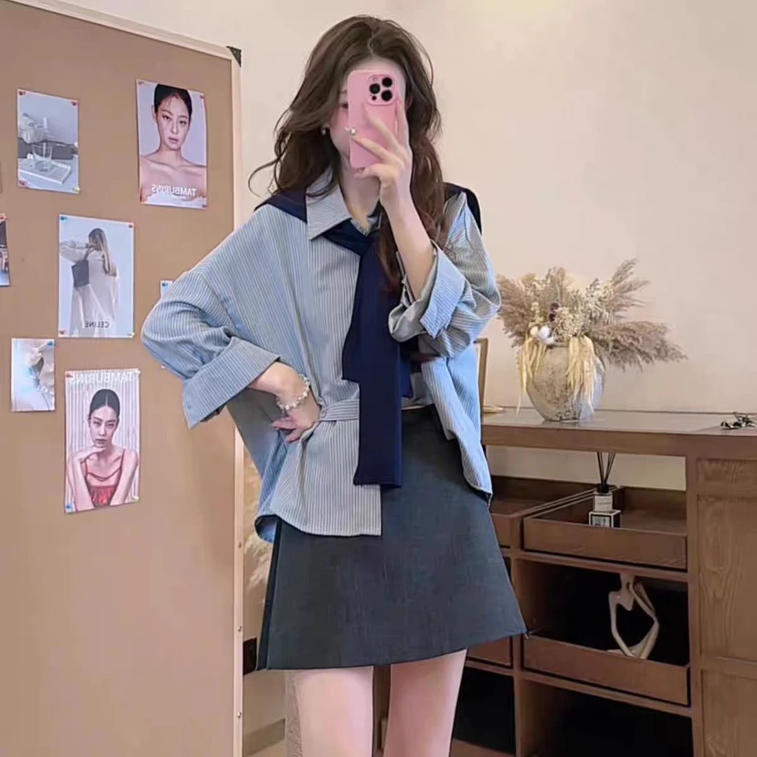 韩系长袖衬衫两件套女2025新款宽松显瘦减龄百搭上衣