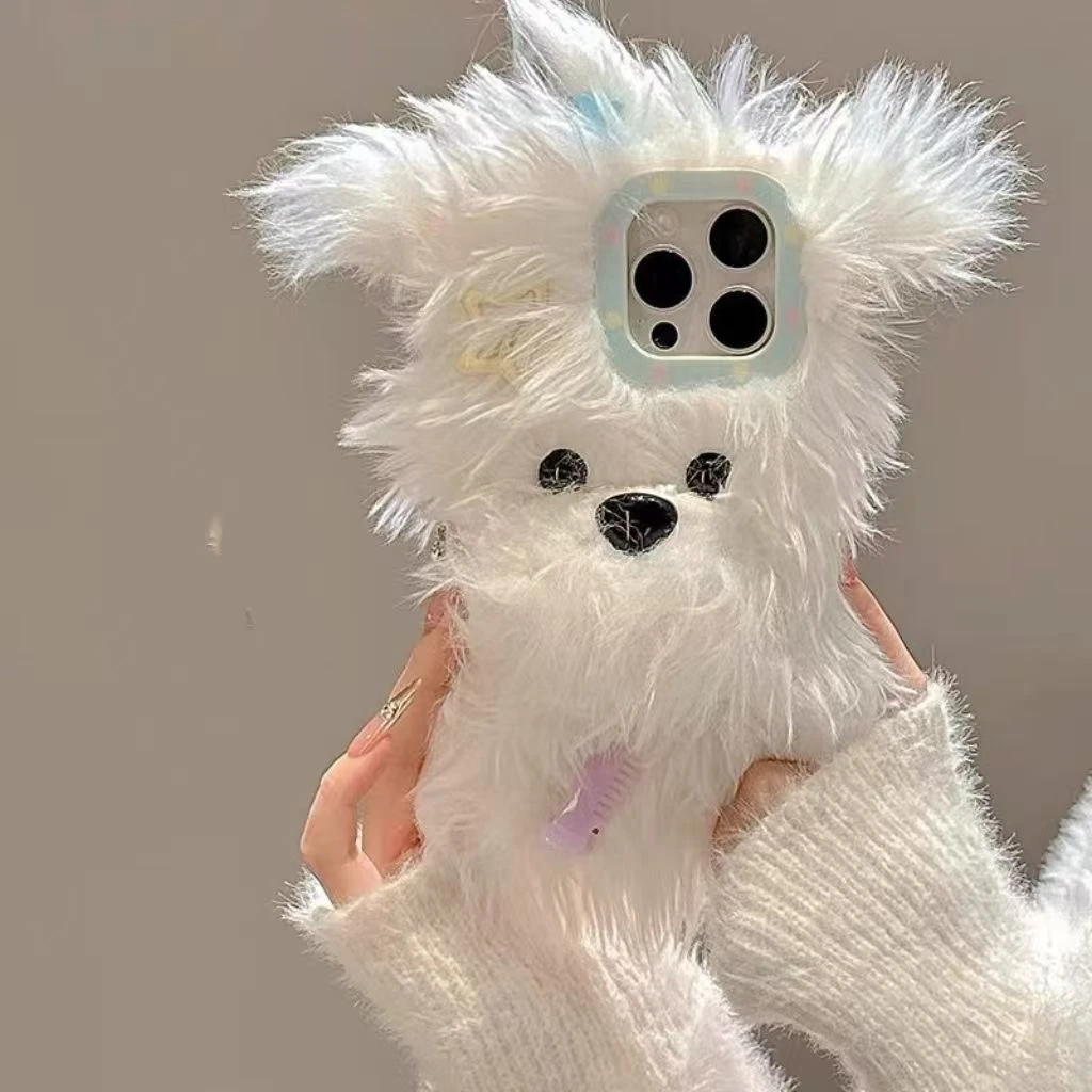 秋冬ins发夹小狗适用iphone17promax苹果16毛绒手机壳15新款14/13