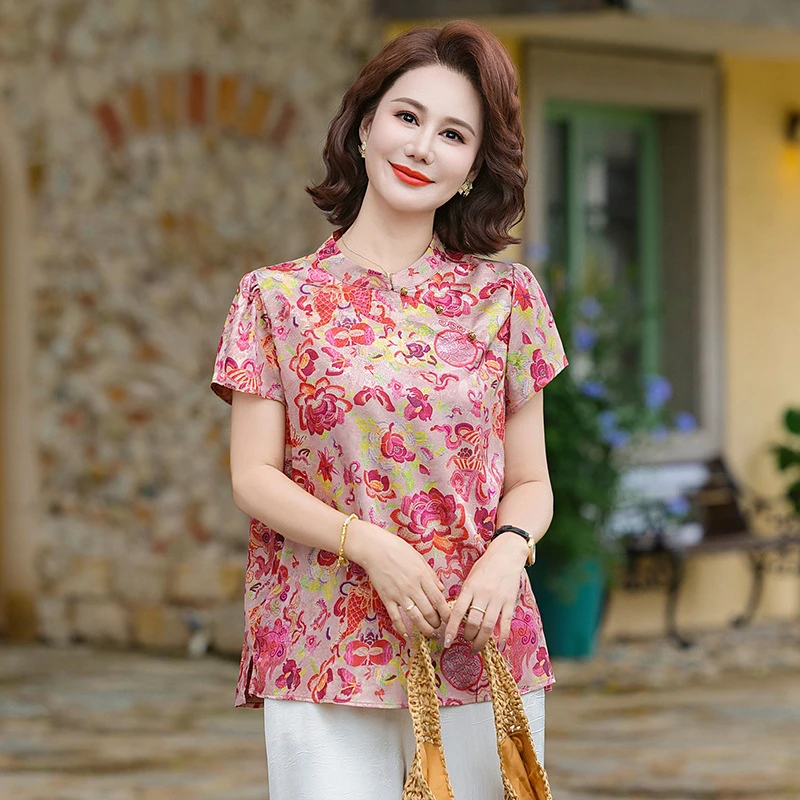 俞兆林新中式衬衫短袖T恤女2025年夏新款洋气遮肉复古印花立领时