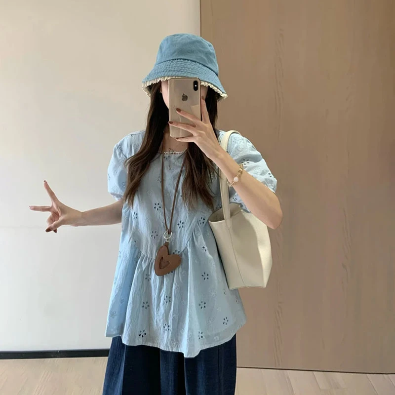 【8659】大码女装胖mm蓝色泡泡短袖衬衫夏季镂空小碎花遮肚子衬衣