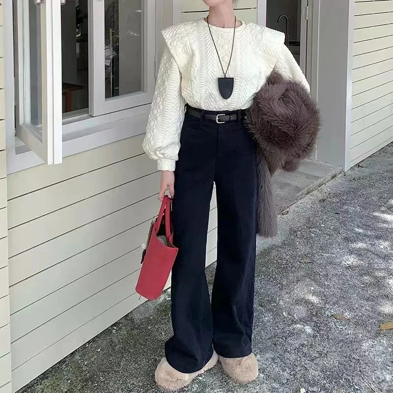 69312-冬季宽松显瘦加绒阔腿牛仔裤女款拖地裤