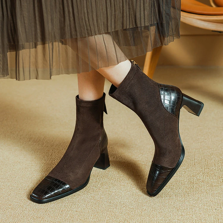 头层牛皮/6cm/单靴时装高跟棕色时尚黑色简约时装靴马丁靴