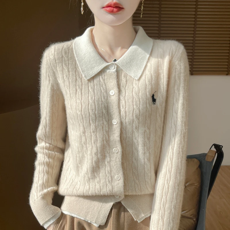 秋冬加厚翻领假两件小马标安迪绒针织开衫女宽松刺绣毛衣外套打底