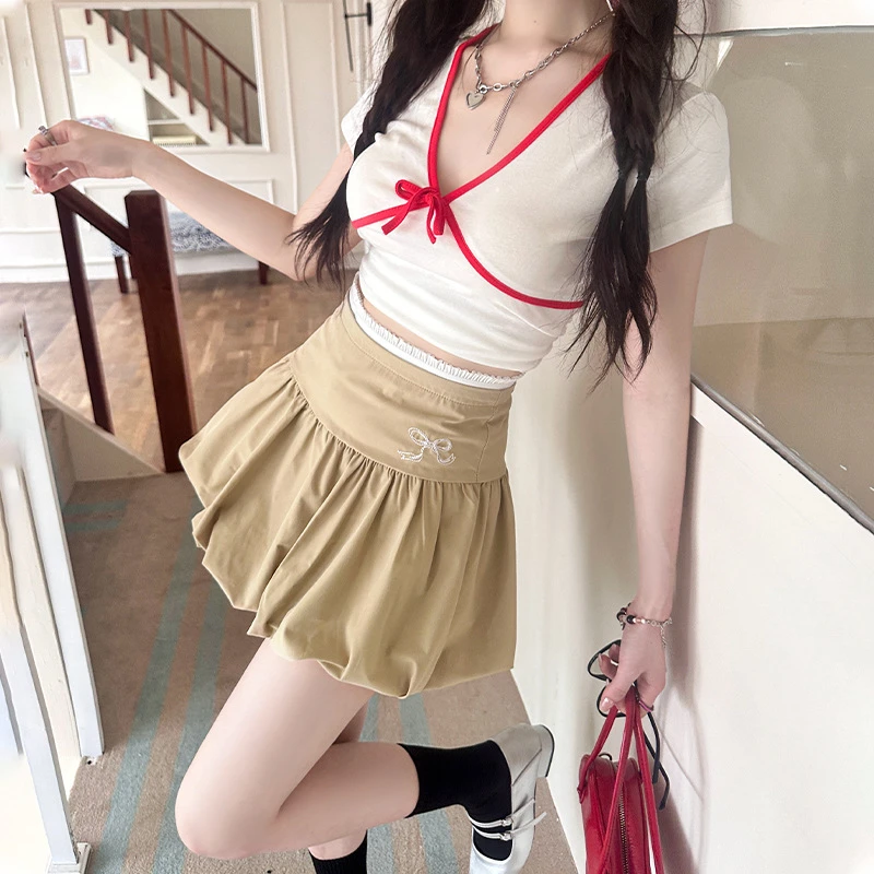 稚橘#韩系小清新蝴蝶结A子花苞褶皱短裙高腰显瘦减龄百搭蓬蓬短裙