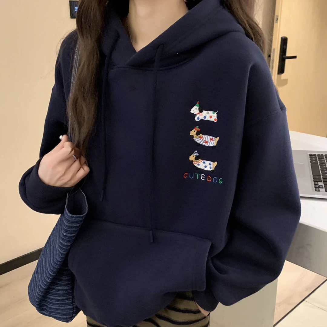 冬季加绒新款【后背刺绣腊肠狗连帽卫衣外套】百搭时尚