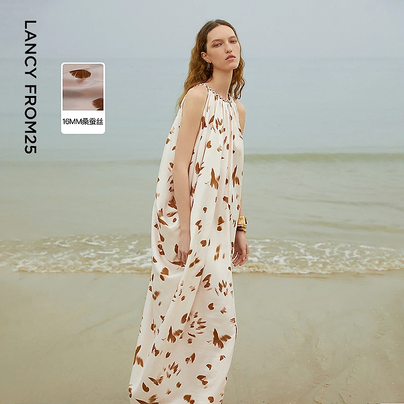 【漾25系列】朗姿真丝无袖度假挂脖长裙高级感2025年夏新款连衣裙