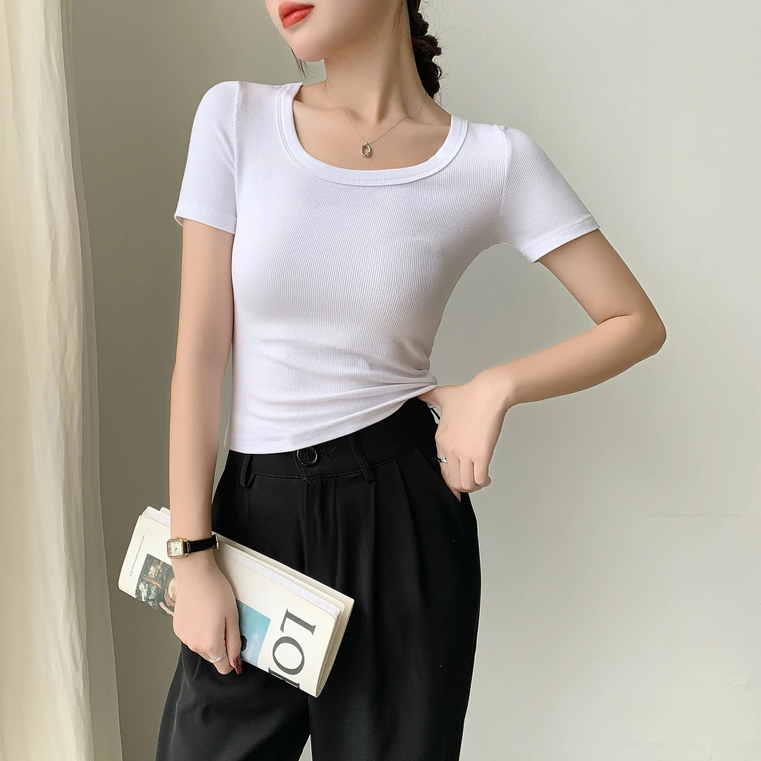 白色圆领T恤女短袖春夏2025新款螺纹小众设计感修身百搭薄款上衣