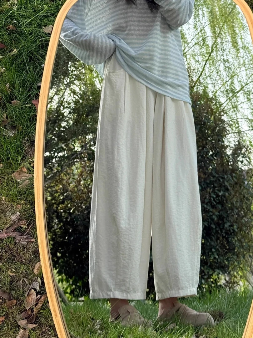 大码胖mm白色奶芙山本裤女夏季宽松直筒慵懒松弛感九分休闲运动裤