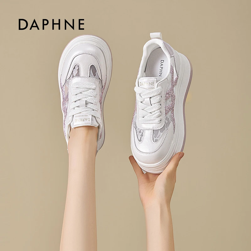 达芙妮厚底板鞋女夏2025新款蕾丝网面透气增高小白鞋运动休闲鞋S