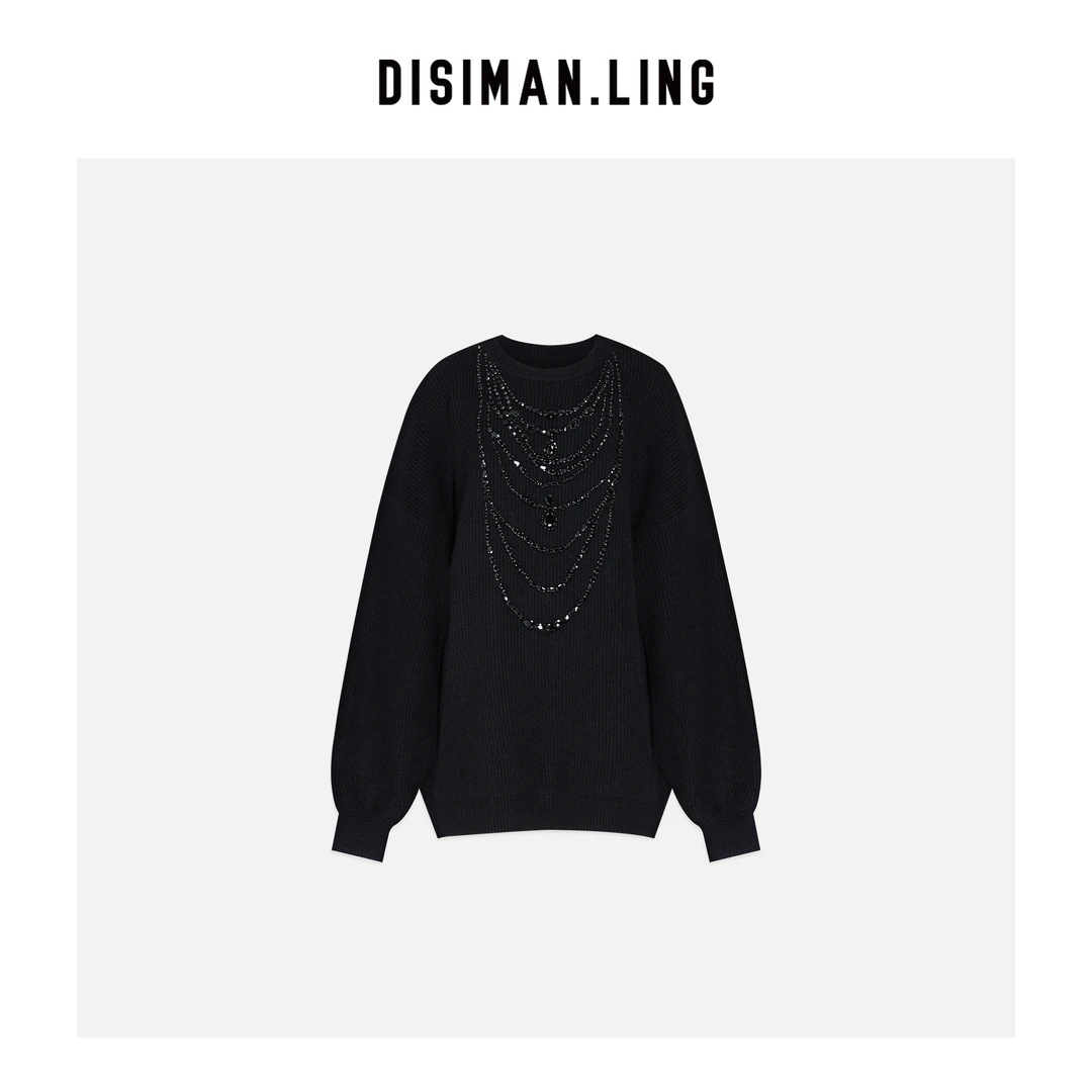迪丝嫚苓黑色毛衫上衣毛衣长袖网红宽松小众优雅气质显瘦原创设计