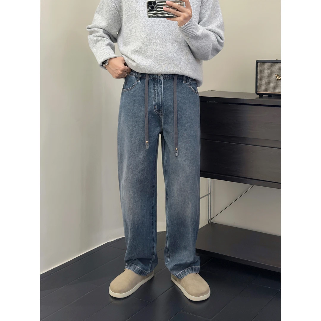 里奈男装「复古水洗」直筒宽松通勤牛仔裤休闲男士中腰高级感长裤