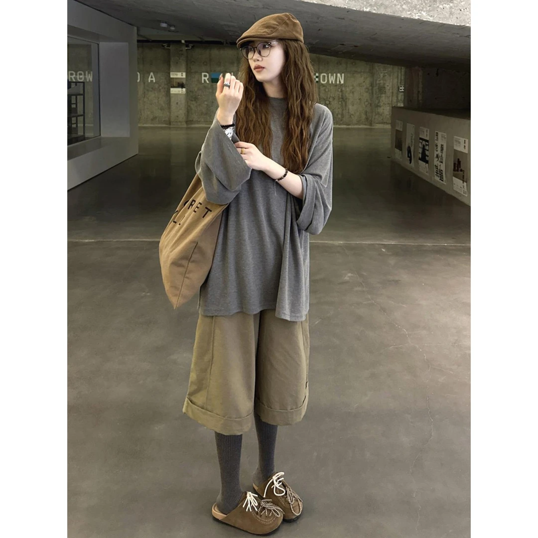 VOCKOO官方早秋季灰色中长款宽松长袖T恤女2025新款韩系慵懒松弛