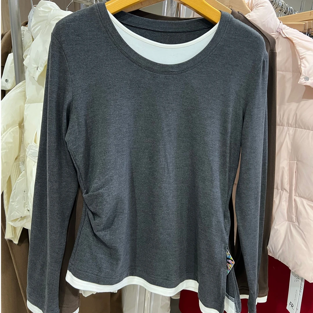 凡人优品女士保暖长袖假两件打底衫休闲百搭拼接T恤T340