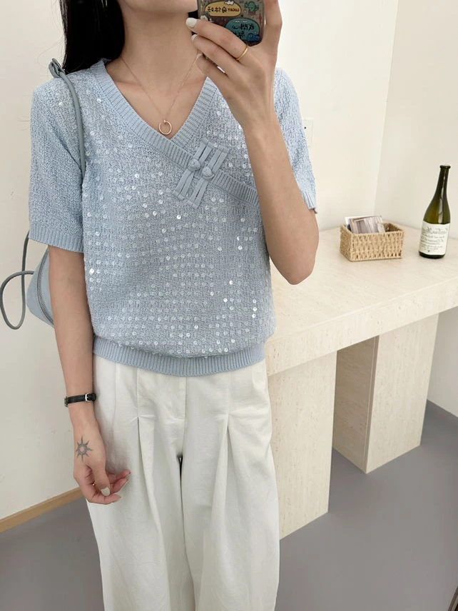 【米莱】新款韩系设计感简约时尚韩版斜边珠片短袖1780