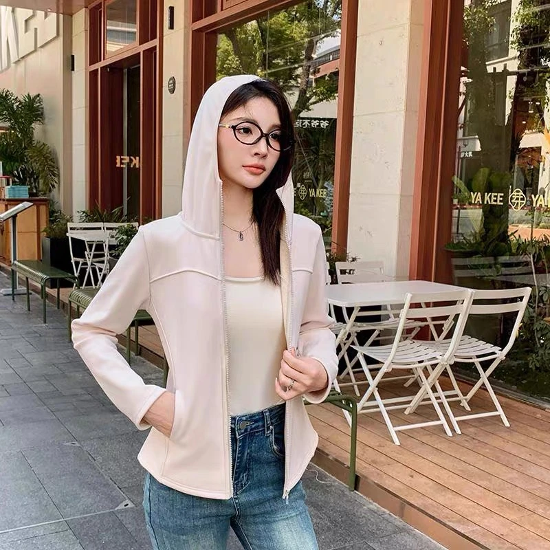 显瘦小蛮腰连帽带口袋加绒秋冬短版时尚百搭拉链帽衫J695