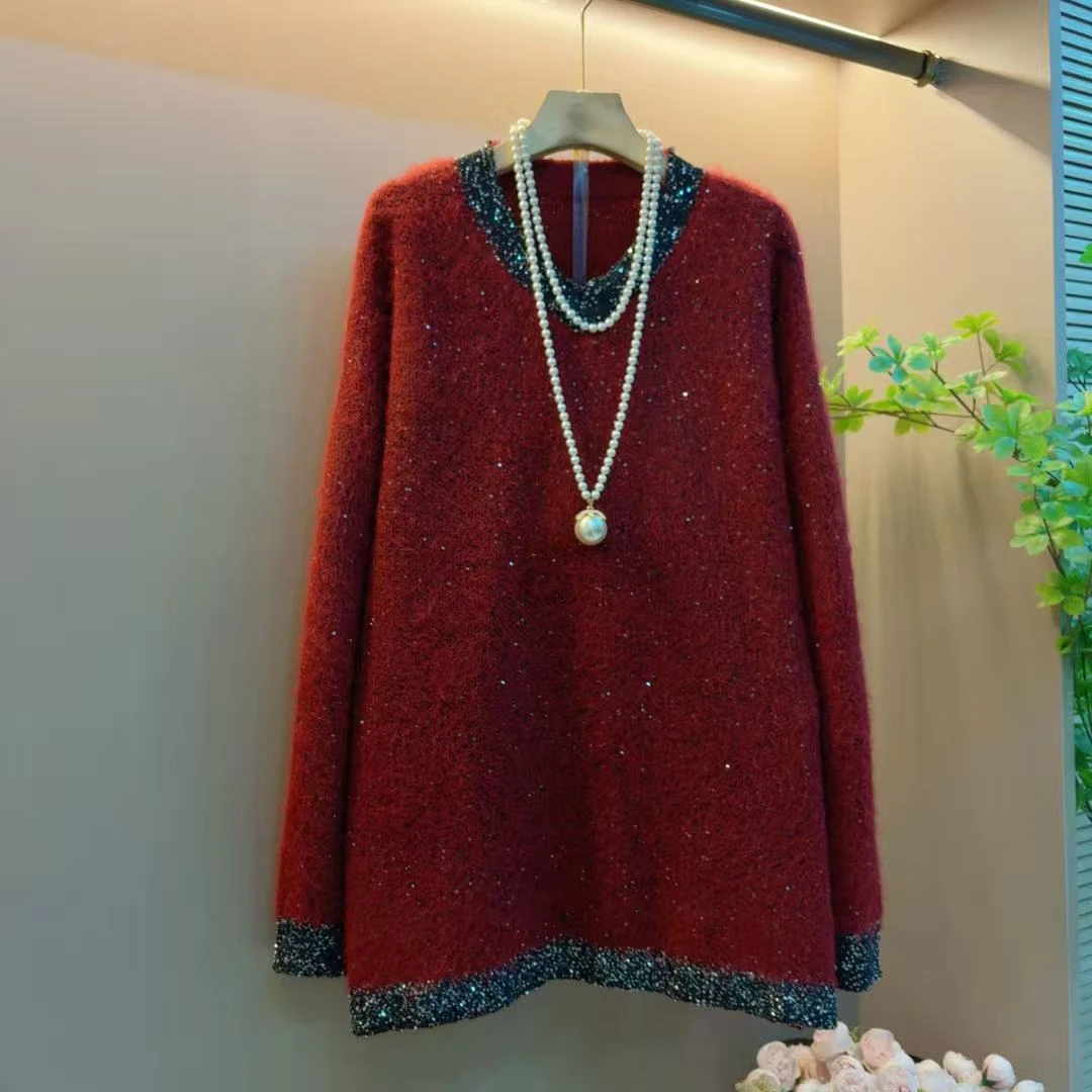秋冬季轻奢新款重工V领拼接网红满天星洋气上衣（衣长82左右）