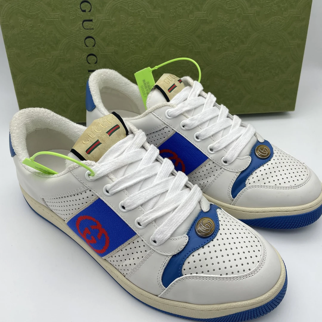 95新 GUCCI/古驰 40.5欧码/皮质白蓝网面拼接休闲脏脏鞋