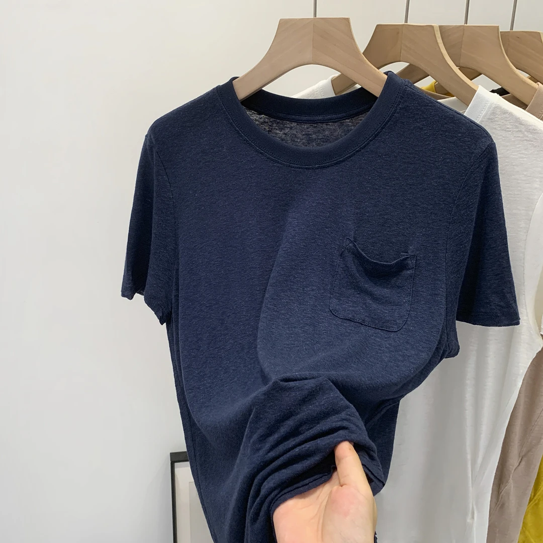 黄色chic别致口袋圆领冰丝正肩短袖T恤女2025夏独特漂亮宽松上衣