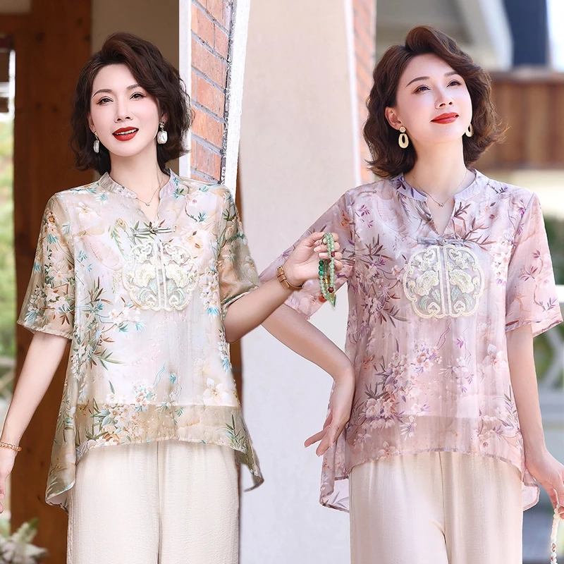 2025妈妈装夏装新中式短袖T恤上衣中老年女装洋气国风V领打底衫