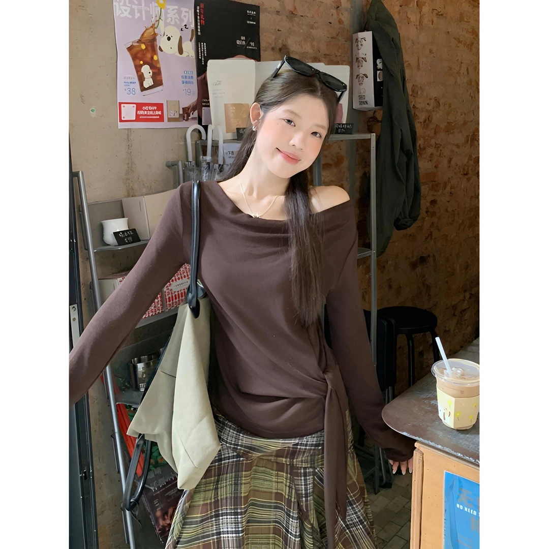 2025秋季新款时尚荡领纯色洋气长袖T恤女装小众绑带修身显瘦上衣