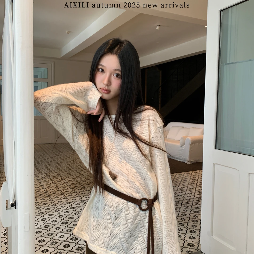AIXILI爱西里-松弛感长袖针织上衣慵懒风罩衫针织衫(配腰带)15239