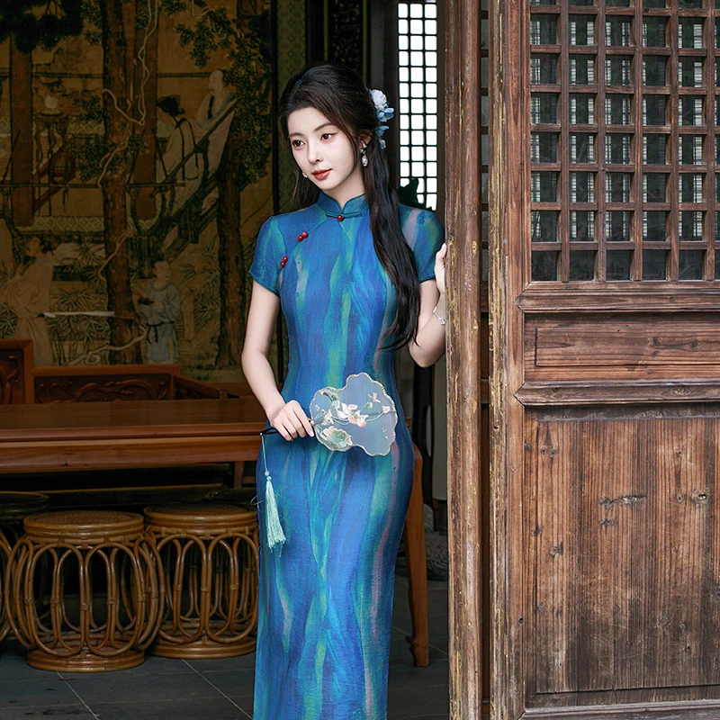 中式改良长款旗袍2025年新款夏季复古风年轻日常气质款蓝色连衣裙