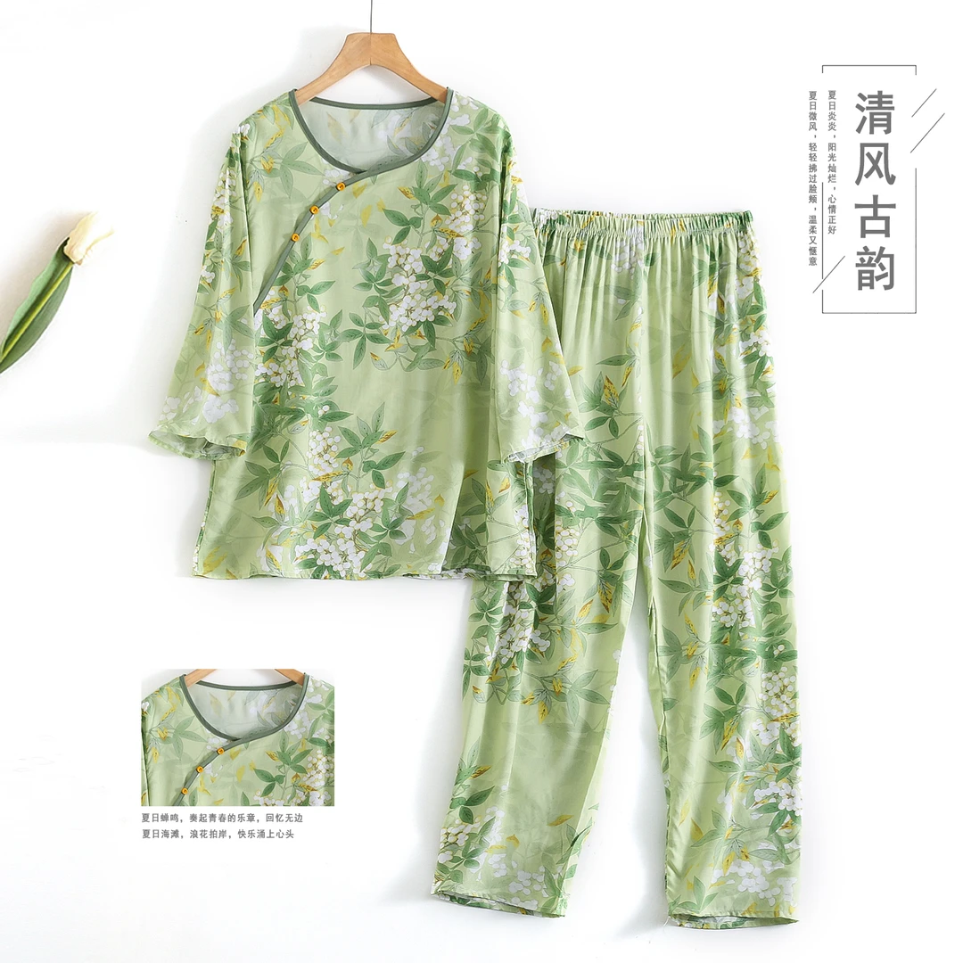 睡衣女春夏款棉绸新中式家居服可外穿国风款空调房人造棉套装夏款