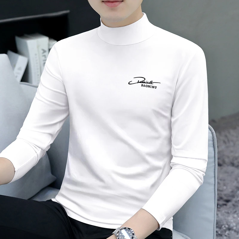 新款男士中领长袖打底衫韩式修身纯色秋冬季百搭款半高领T恤潮流