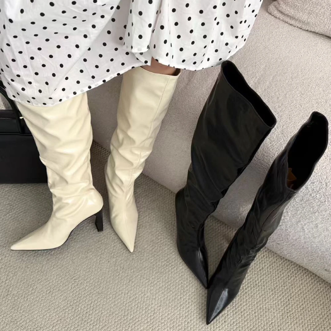 百搭时尚长筒靴网红白色时装靴高筒不过膝女鞋瘦瘦靴高跟秋冬尖头