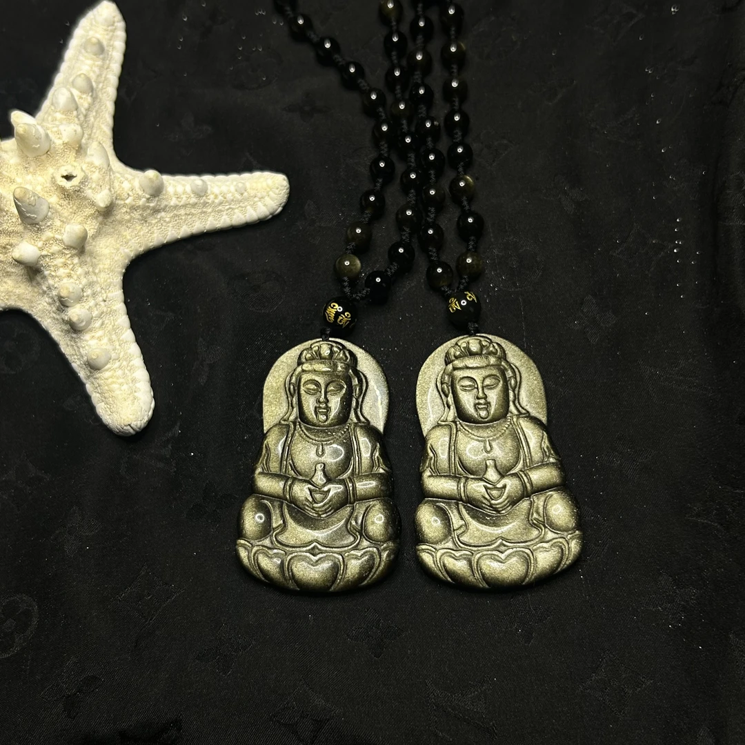 【玉合缘】天然黑曜石观音吊坠-多样性发一 5109