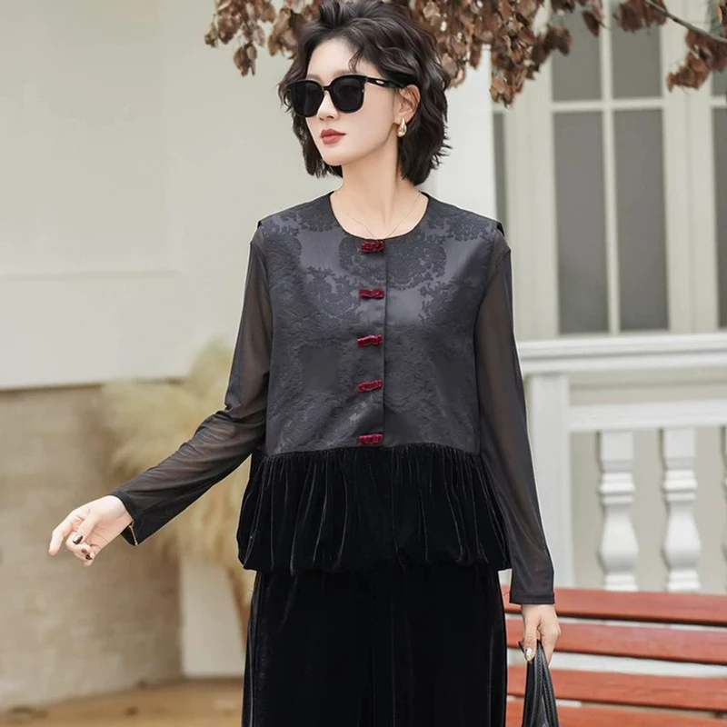 315马甲高级感新中式国风盘扣拼接丝绒裙摆减龄上衣秋季复古大码