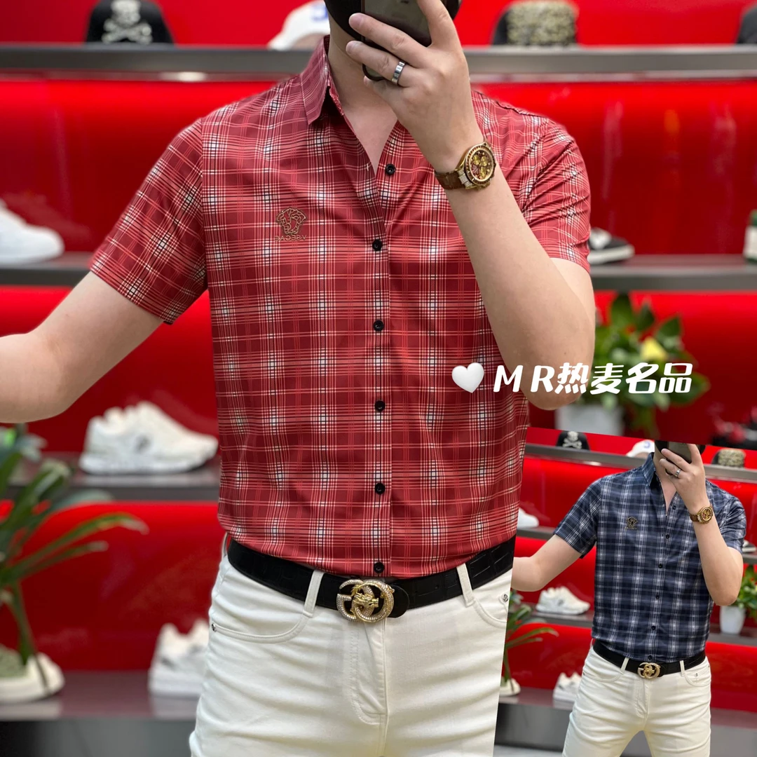 【星欧甄选】夏季短袖衬衫格纹时尚美人款 男士修身免熨烫弹力短袖