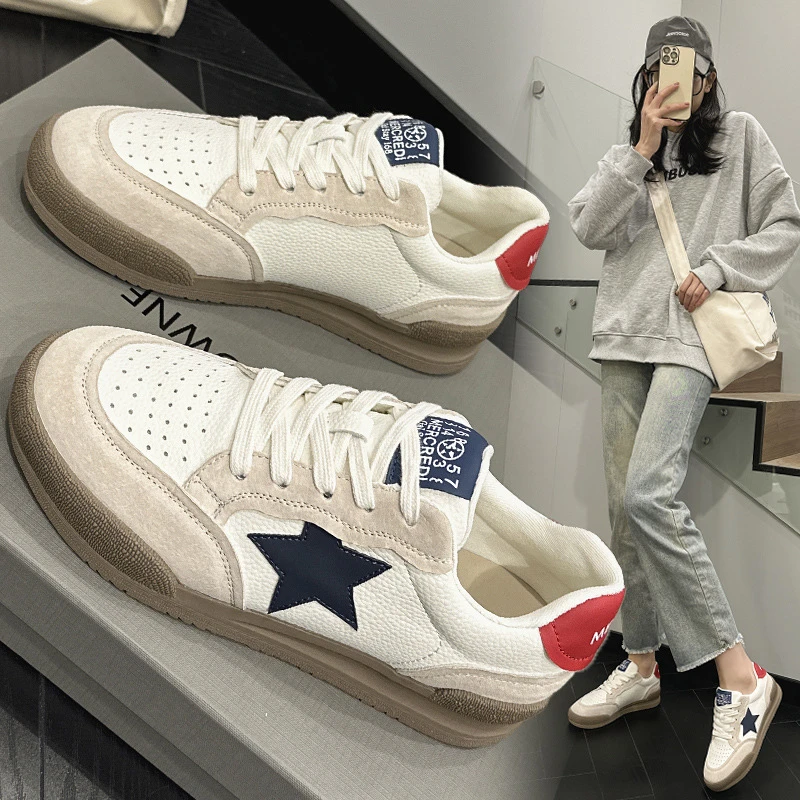 2025春秋季新款女士运动小白鞋女拼色厚底休闲时尚百搭系带板鞋女