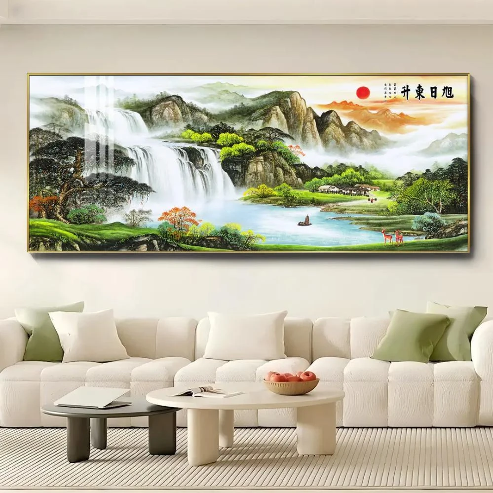 旭日东升新中式山水挂画客厅晶瓷装饰画高档客厅沙发背景墙装饰画