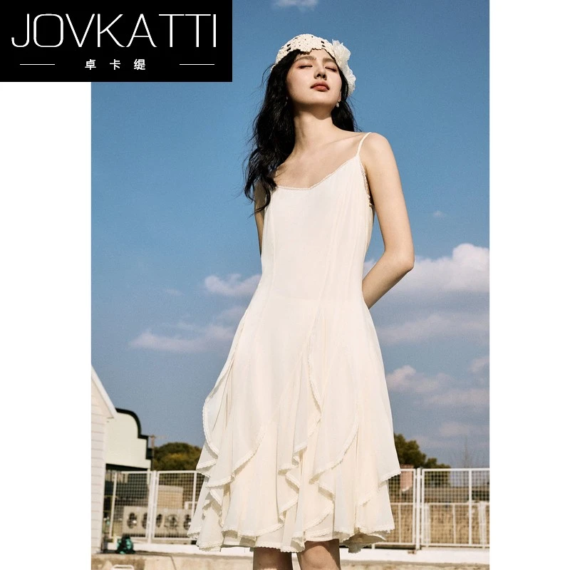 Jovkatti白色蕾丝吊带连衣裙2025年夏季新款法式浪漫气质a字裙子
