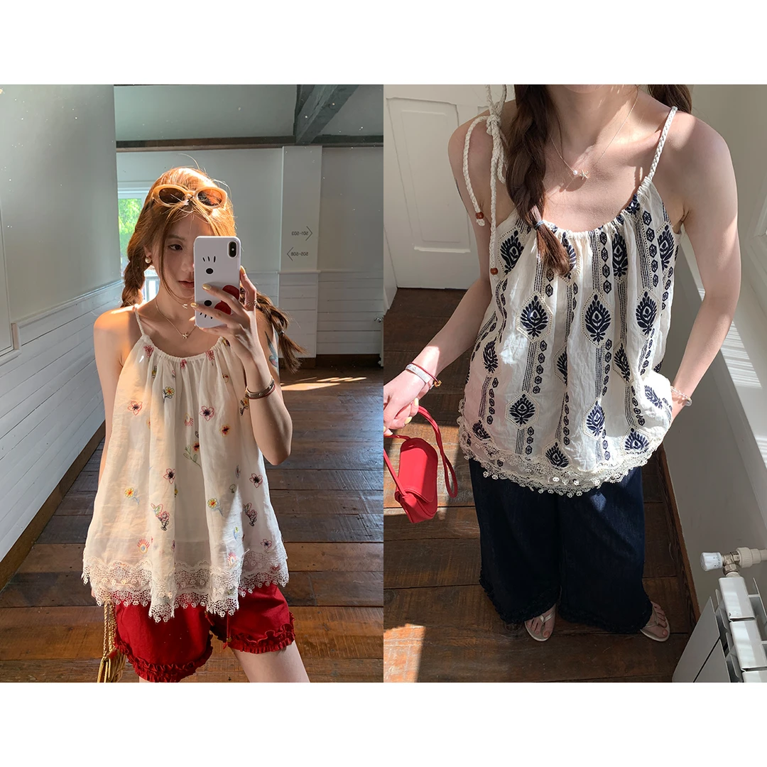 im向 仲夏梦境‘100苎麻！双层花边拼接度假风编绳挂脖小衫